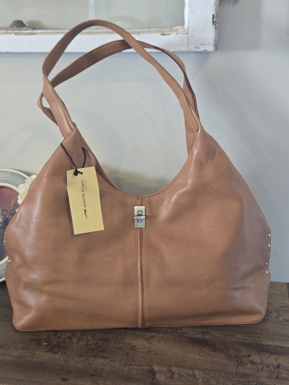 🎉 NEW MARTA PONTI TULIP LEATHER SATCHEL BAG‼️ Cognac * Italian Cow LEATHER